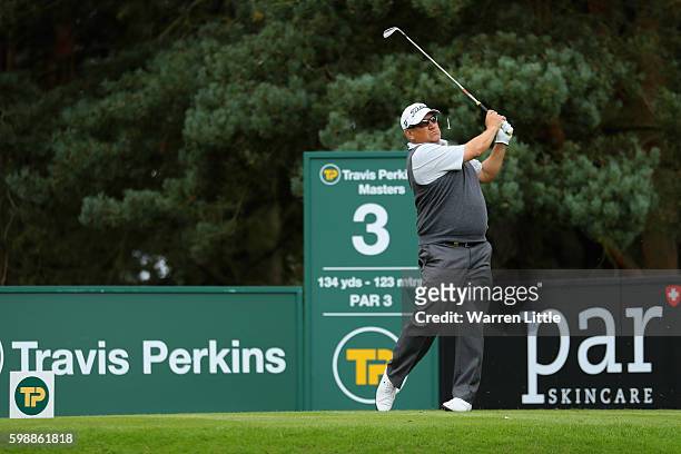 Peter O'Malley of Australia tees off on the third hole during the second round of the Travis Perkins Masters played on the Duke's Course at Woburn...