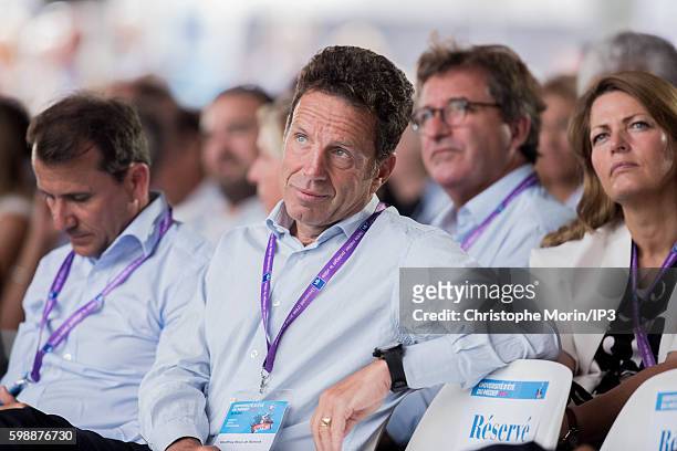 Vice president of the French employers federation Medef, Geoffroy Roux de Bezieux attends a conference during the second day of the Medef Summer...