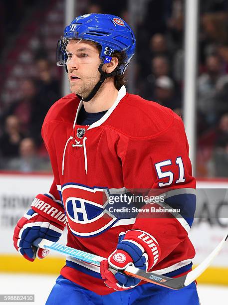 David Desharnais of the Montreal Canadiens plays in the game against the Vancouver Canucks at Bell Centre on November 16, 2015 in Montreal, Quebec,...