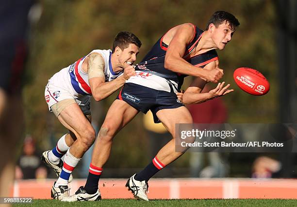 Sam Weideman of Casey Scorpions runs with the ball during the VFL Qualifying Final match between Casey and Footscray at Casey Fields on September 3,...