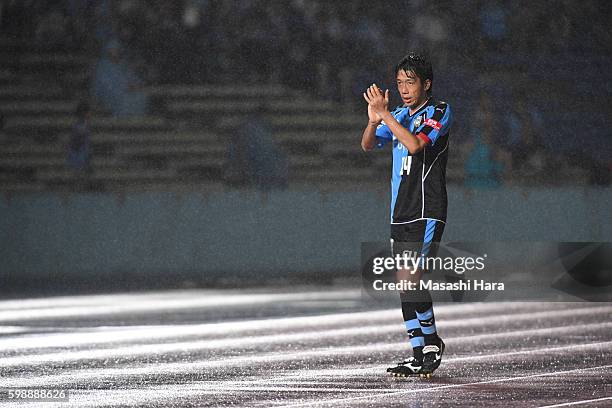 Kengo Nakamura of Kawasaki Frontale looks on after the 96th Emperor's Cup first round match between Kawasaki Frontale and Blaublitz Akita at Todoroki...