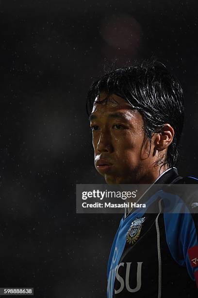 Kengo Nakamura of Kawasaki Frontale looks on during the 96th Emperor's Cup first round match between Kawasaki Frontale and Blaublitz Akita at...