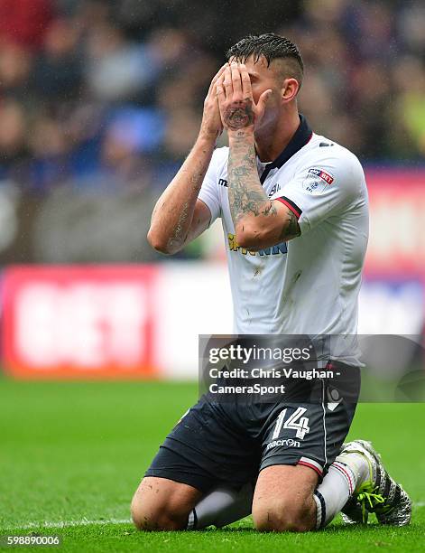 Bolton Wanderers' Gary Madine reacts after his appeal for a penalty was turned down during the Sky Bet League One match between Bolton Wanderers and...
