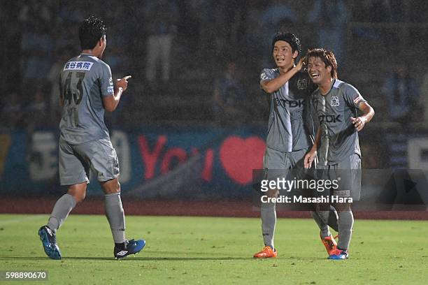 Kyohei Maeyama of Blaublitz Akita celebrates the first goal during the 96th Emperor's Cup first round match between Kawasaki Frontale and Blaublitz...
