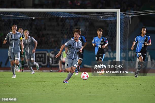 Kyohei Maeyama of Blaublitz Akita in action during the 96th Emperor's Cup first round match between Kawasaki Frontale and Blaublitz Akita at Todoroki...