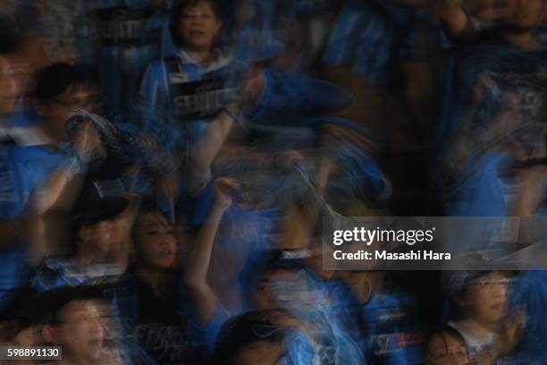 Supporters of Kawasaki Frontale celebrate the win after the 96th Emperor's Cup first round match between Kawasaki Frontale and Blaublitz Akita at...