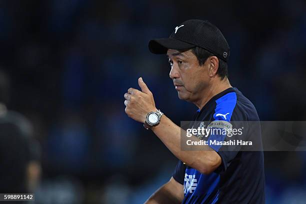 Yahiro Kazama,coach of Kawasaki Frontale looks on during the 96th Emperor's Cup first round match between Kawasaki Frontale and Blaublitz Akita at...