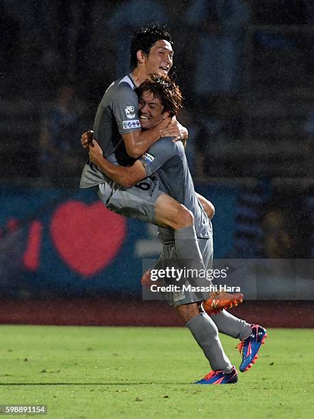 Kyohei Maeyama of Blaublitz Akita celebrates the first goal during the 96th Emperor's Cup first round match between Kawasaki Frontale and Blaublitz...