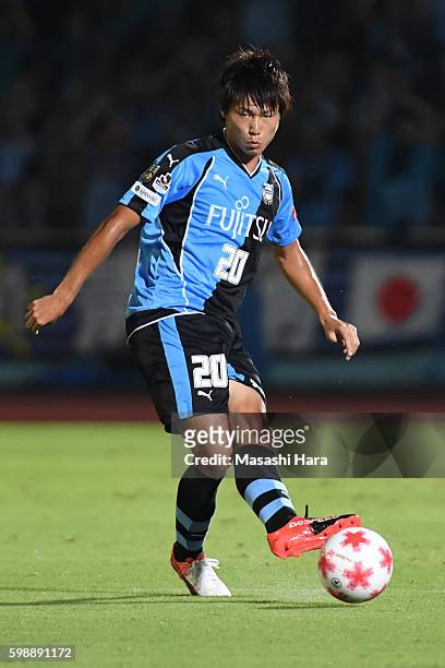 Shintaro Kurumaya of Kawasaki Frontale in action during the 96th Emperor's Cup first round match between Kawasaki Frontale and Blaublitz Akita at...