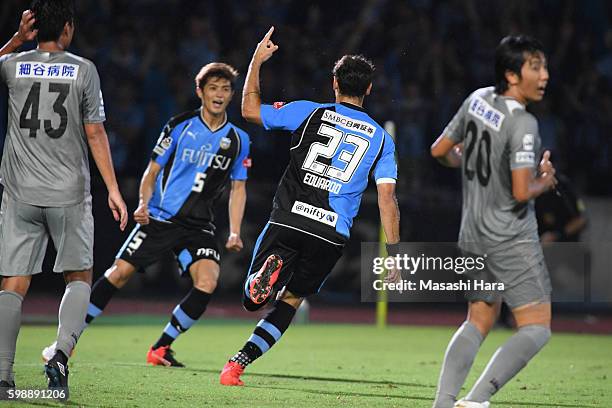 Eduardo of Kawasaki Frontale celebrates the first goal during the 96th Emperor's Cup first round match between Kawasaki Frontale and Blaublitz Akita...