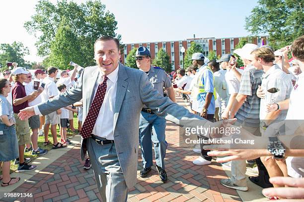 Head coach Dan Mullen of the Mississippi State Bulldogs greets fans prior to their game against the South Alabama Jaguars at Davis Wade Stadium on...