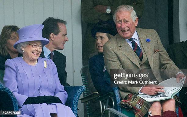 Queen Elizabeth II and Prince Charles, Prince of Wales attend The 2016 Braemar Highland Gathering on September 3, 2016 in Braemar, Scotland.