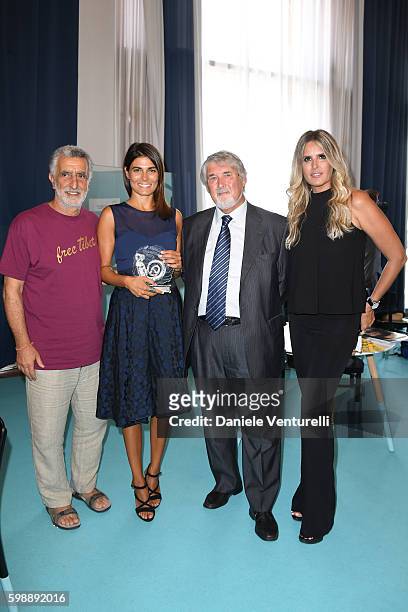 Renato Accorinti, Valeria Solarino, Giuliano Poletti and Tiziana Rocca attend Mimmo Rotella Award Ceremony during the 73rd Venice Film Festival on...