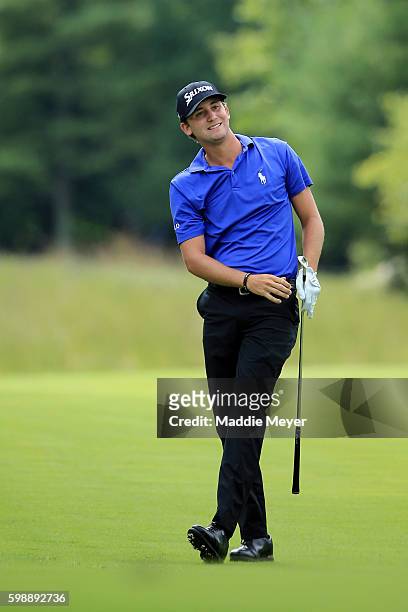 Smylie Kaufman plays his shot from the tenth fairway during the second round of the Deutsche Bank Championship at TPC Boston on September 3, 2016 in...