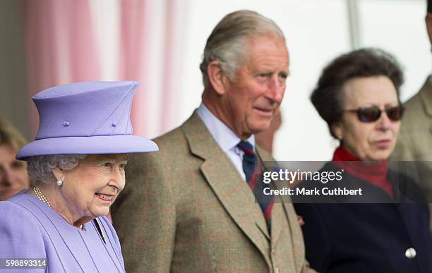 Queen Elizabeth II with Prince Charles, Prince of Wales and Princess Anne, Princess Royal attend The 2016 Braemar Highland Gathering on September 3,...