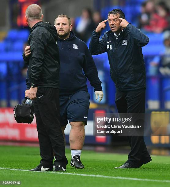 Southend United manager Phil Brown questions a decision to fourth official Mark Heywood during the Sky Bet League One match between Bolton Wanderers...