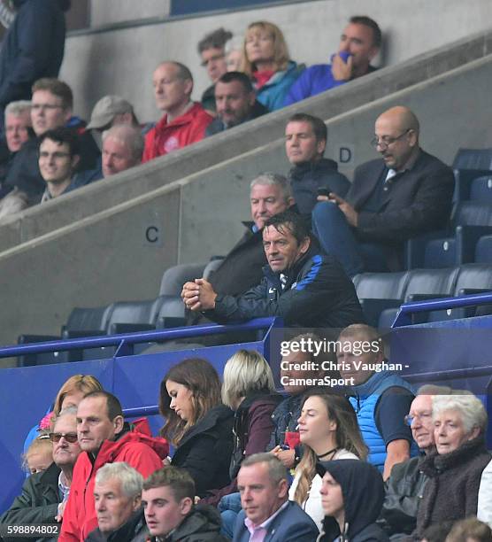 Southend United manager Phil Brown watches the end of the game from the stands after being sent their by Referee Sebastian Stockbridge during the Sky...