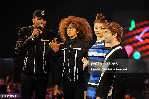 Jack Griffo and Kira Kosarin speak on stage with Jordan Banjo during the first UK Nickelodeon SLIMEFEST at the Empress Ballroom on September 3, 2016...