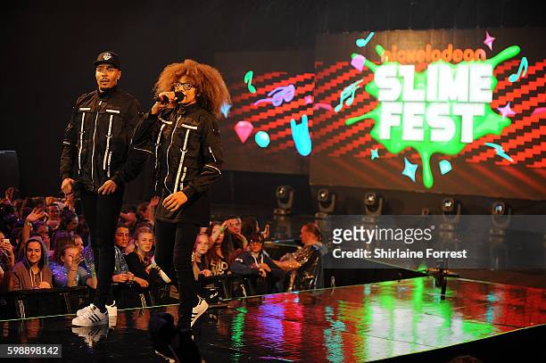 Perry Kiely and Jordan Banjo speak on stage during the first UK Nickelodeon SLIMEFEST at the Empress Ballroom on September 3, 2016 in Blackpool,...