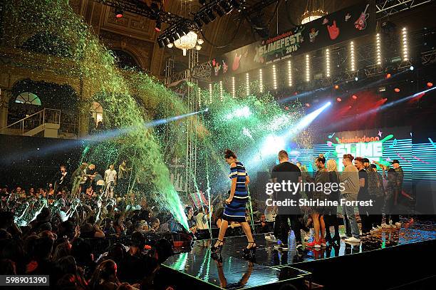 The Audience are slimed by the performers during the first UK Nickelodeon SLIMEFEST at the Empress Ballroom on September 3, 2016 in Blackpool,...