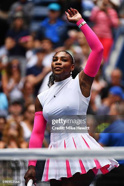 Serena Williams of the United States celebrates her win over Johanna Larsson of Sweden during her third round Women's Singles match on Day Six of the...