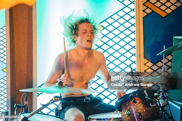 Harry Rogers of Chest Pains performs on stage at Headrow House on August 29, 2016 in Leeds, England.