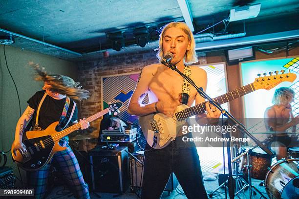 James Tkaczyk-Harrison and Sam Robinson of Chest Pains perform on stage at Headrow House on August 29, 2016 in Leeds, England.