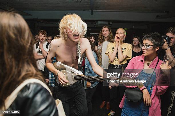 Sam Robinson of Chest Pains performs on stage at Headrow House on August 29, 2016 in Leeds, England.