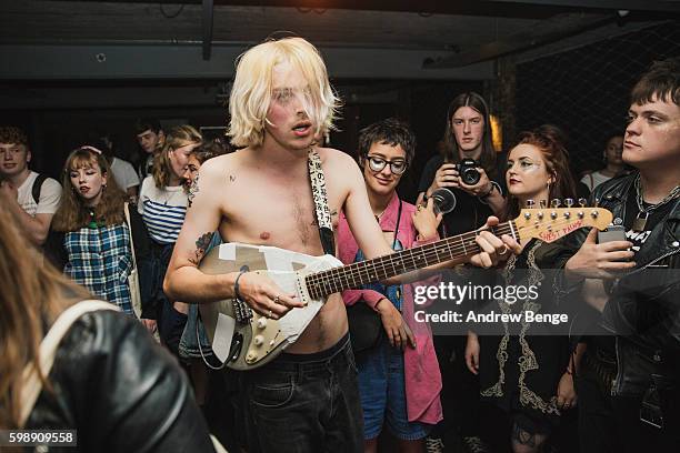 Sam Robinson of Chest Pains performs on stage at Headrow House on August 29, 2016 in Leeds, England.