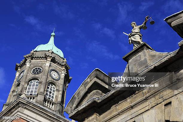 lady justice with bedford tower - dublin castle stock pictures, royalty-free photos & images