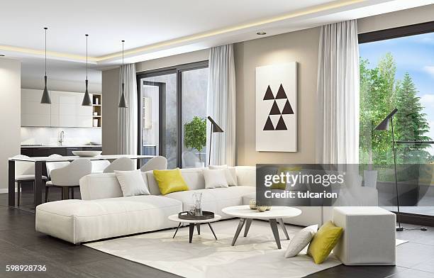 fresh and modern white style living room interior - white pillow stock pictures, royalty-free photos & images