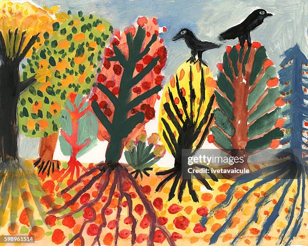 blackbirds and autumn trees - innocence stock illustrations