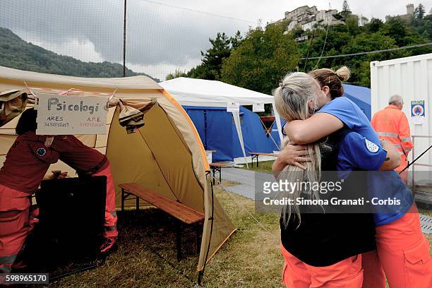 Team of psychologists including Dorotea Ricci manage an area in the tent camp for earthquake victims on August 31, 2016 in Arquata del Tronto, Italy....