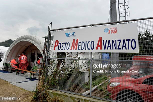 An advanced medical centre stands in the tent camp erected for earthquake victims on August 31, 2016 in Arquata del Tronto, Italy. The region was...