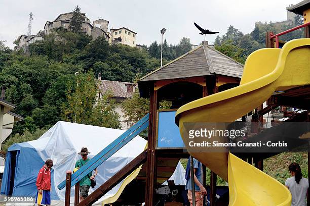 Children's playground erected in the tent camp erected for earthquake victims on August 31, 2016 in Arquata del Tronto, Italy. The region was struck...