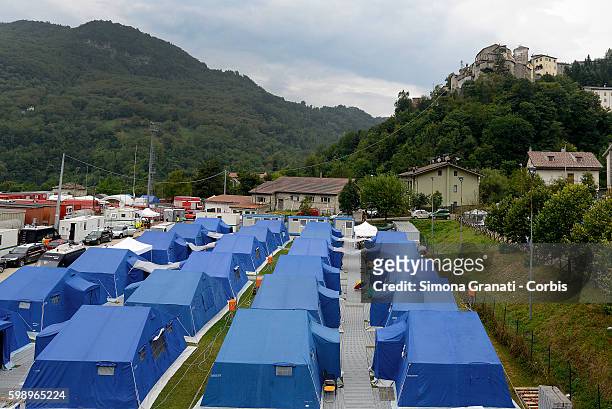 An elevated view of the tent camp erected for earthquake victims on August 31, 2016 in Arquata del Tronto, Italy. The region was struck by a...
