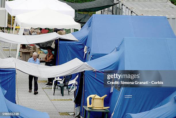 An elevated view of the tent camp erected for earthquake victims on August 31, 2016 in Arquata del Tronto, Italy. The region was struck by a...