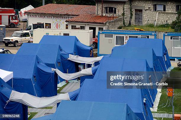 An elevated view of the tent camp erected for earthquake victims on August 31, 2016 in Arquata del Tronto, Italy. The region was struck by a...