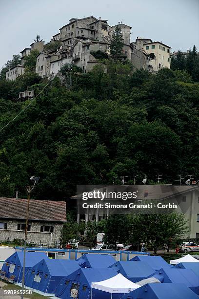 The main town stands on ahill overlooking the tent camp erected for earthquake victims on August 31, 2016 in Arquata del Tronto, Italy. The region...