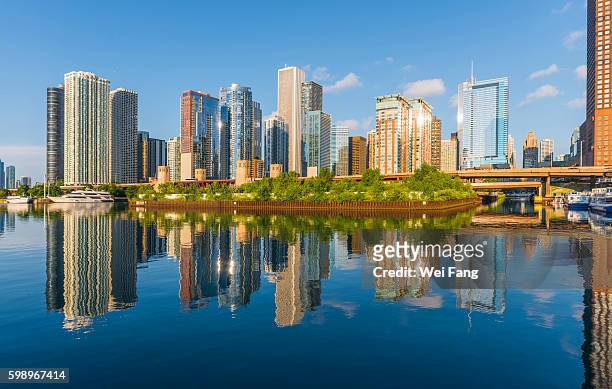 chicago skyscrapers with reflections - michigan meer stockfoto's en -beelden