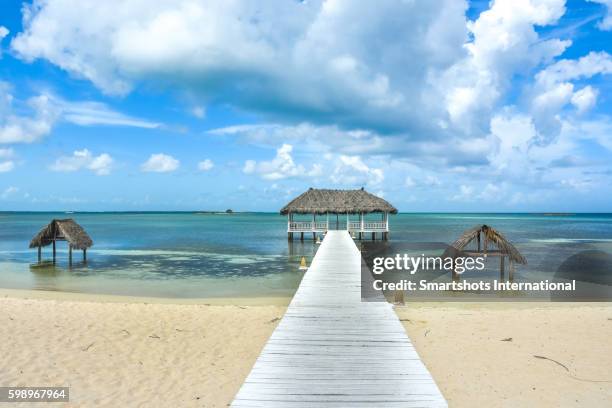 idyllic image of the caribbean sea with a scenic jetty, turquoise waters and a white sandy beach - cayo santa maria stock pictures, royalty-free photos & images