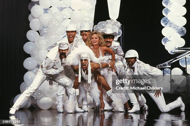 Members of the disco band Village People: Ray Simpson, Glenn Hughes, Alex Briley, Felipe Rose, Randy Jones and David Hodo, on the set of Can't Stop...