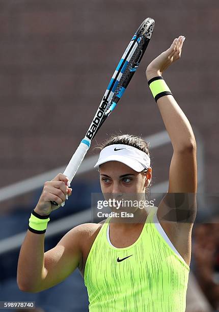 Ana Konjuh of Croatia celebrates her win over Varvara Lepchenko of the United States during her third round Women's Singles match on Day Six of the...