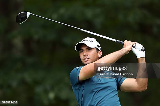 Jason Day of Australia plays his shot from the fifth tee during the second round of the Deutsche Bank Championship at TPC Boston on September 3, 2016...