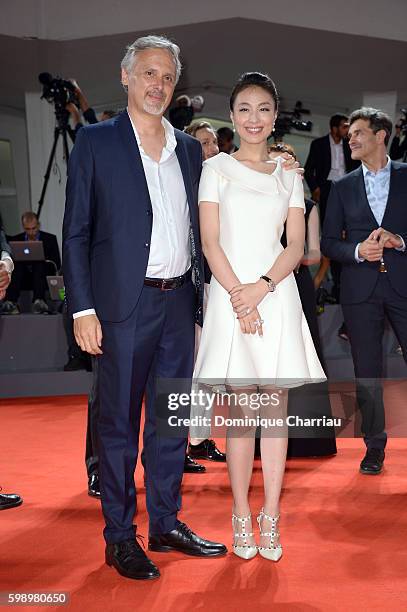 Cristiano Bortone and Qi Xi of the cast of 'Caffe' attends the premiere of 'Brimstone' during the 73rd Venice Film Festival at Sala Grande on...