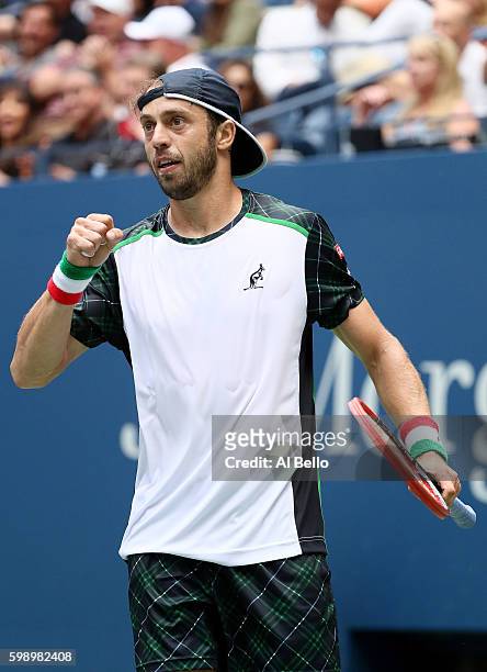 Paolo Lorenzi of Italy reacts against Andy Murray of Great Britain during his third round Men's Singles match on Day Six of the 2016 US Open at the...