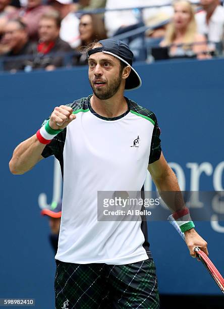 Paolo Lorenzi of Italy reacts against Andy Murray of Great Britain during his third round Men's Singles match on Day Six of the 2016 US Open at the...