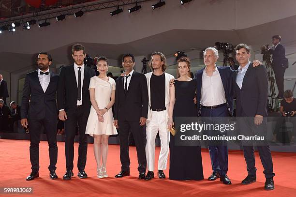 Michael Schermi , Qi Xi, Hichem Yacoubi, Dario Aita, Miriam Dalmazio, Cristiano Bortone and Koen De Bouw of the cast of 'Caffe' attends the premiere...