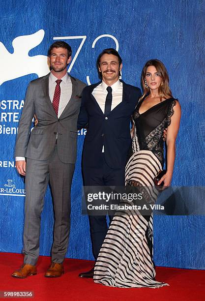 Actors Austin Stowell, James Franco and Ashley Greene attend the premiere of 'In Dubious Battle' during the 73rd Venice Film Festival at Sala...