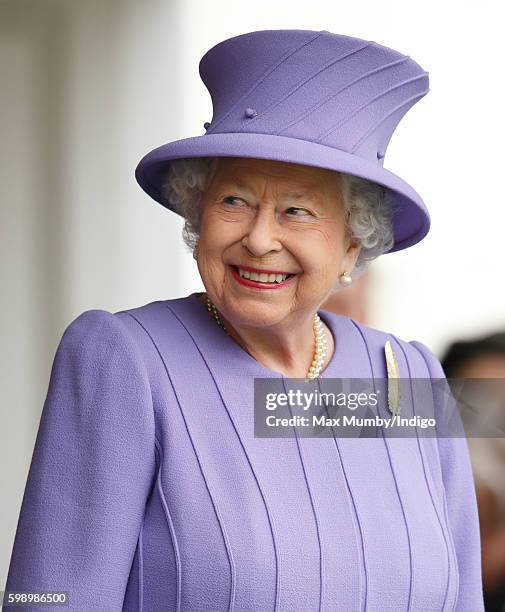 Queen Elizabeth II attends the 2016 Braemar Highland Gathering at The Princess Royal and Duke of Fife Memorial Park on September 3, 2016 in Braemar,...